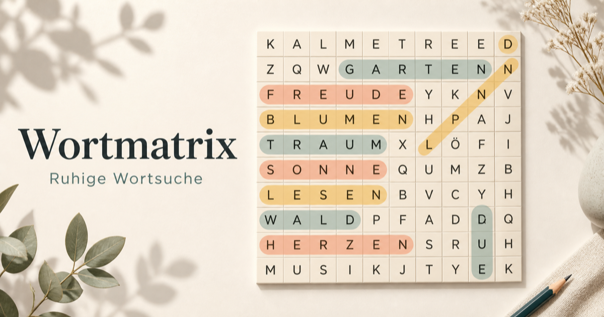 Wortmatrix-Spiel mit Buchstabenraster und farbigen Linien für gefundene Wörter